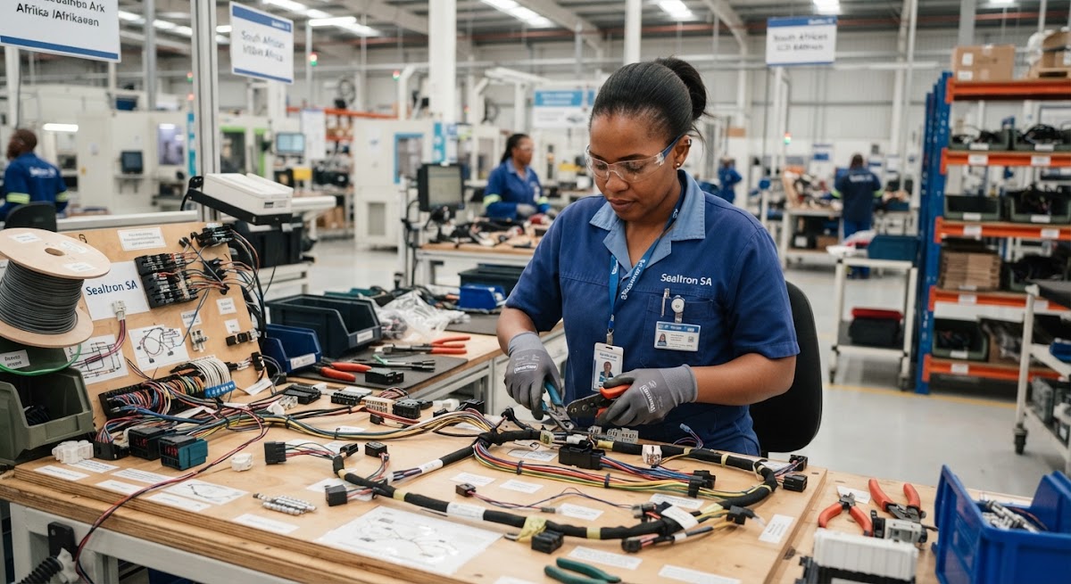 Technician assembling cable harnesses