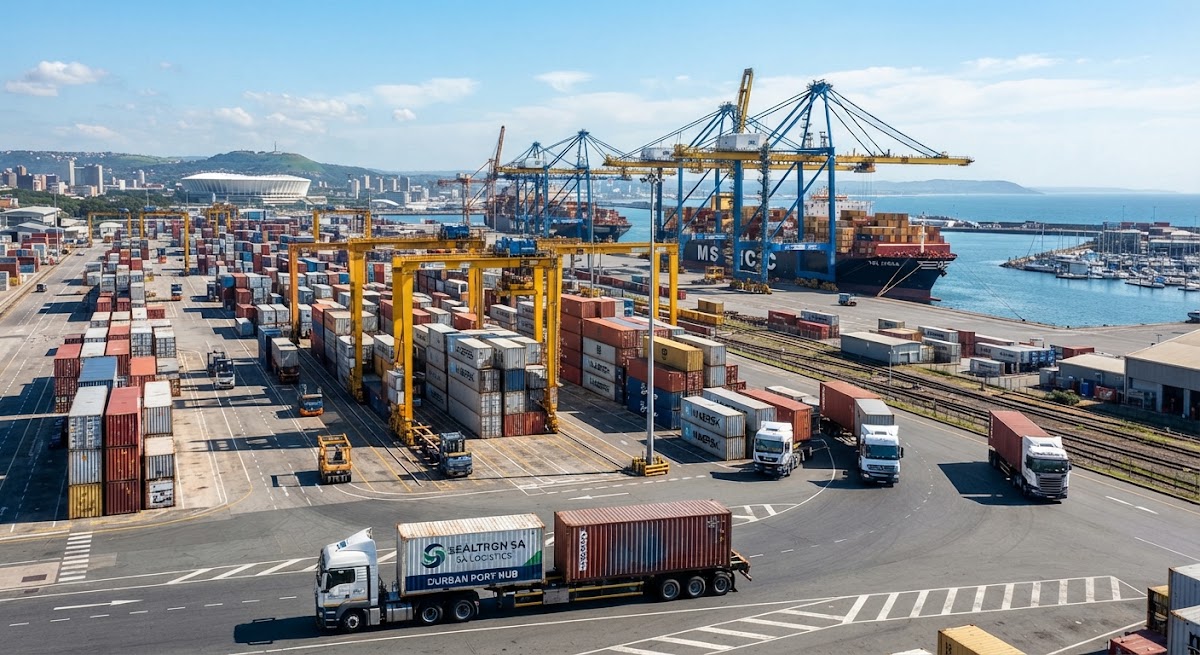 Durban harbour cargo cranes and containers